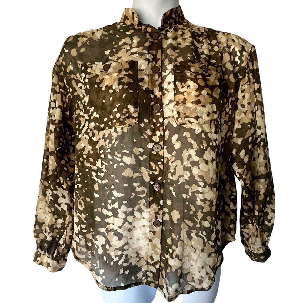 Vtg Stella McCartney Green Camouflage Print Silk Long Sleeve Blouse Size IT 38